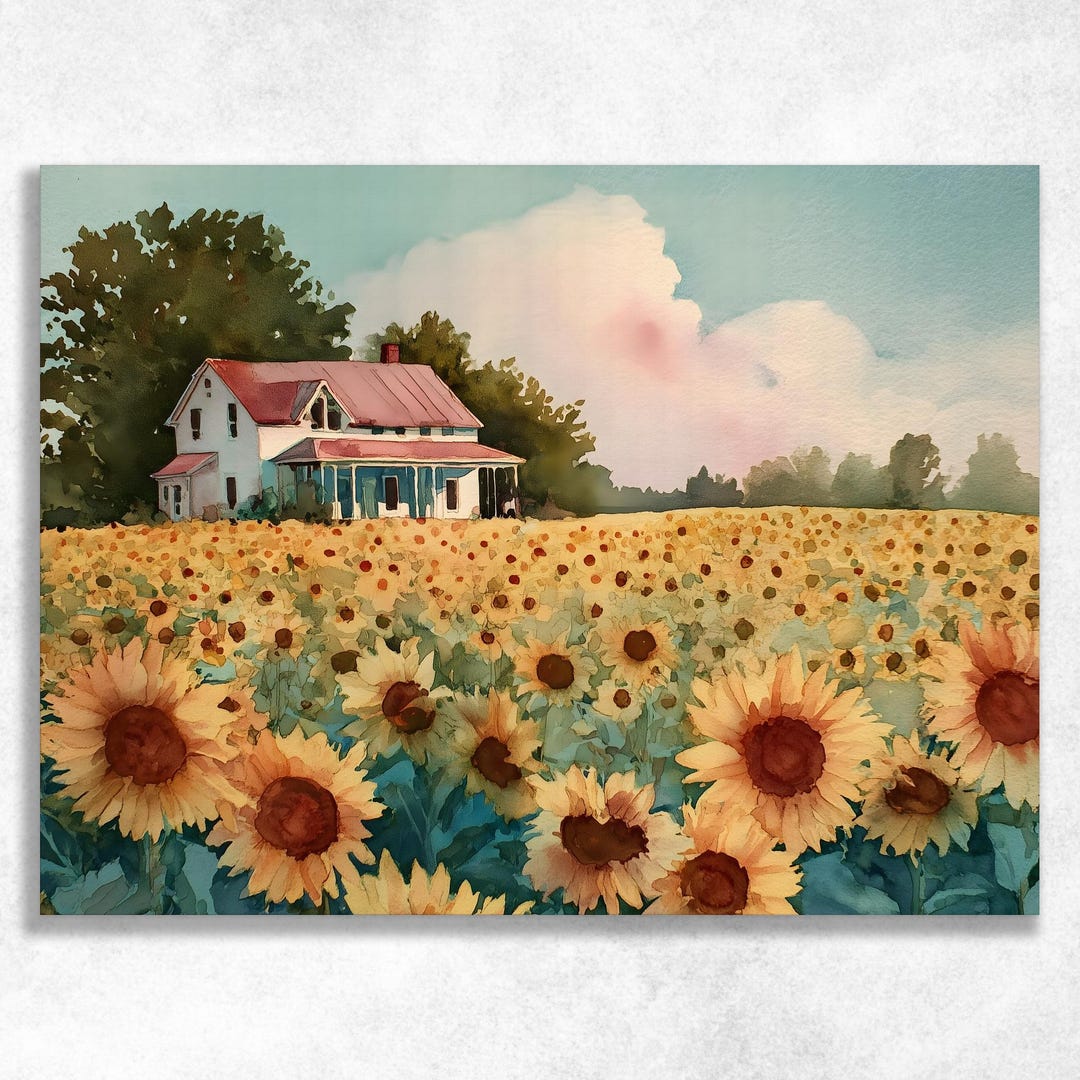Sunflower Farmhouse Landscape Canvas Wall Art – Watercolor Country ...