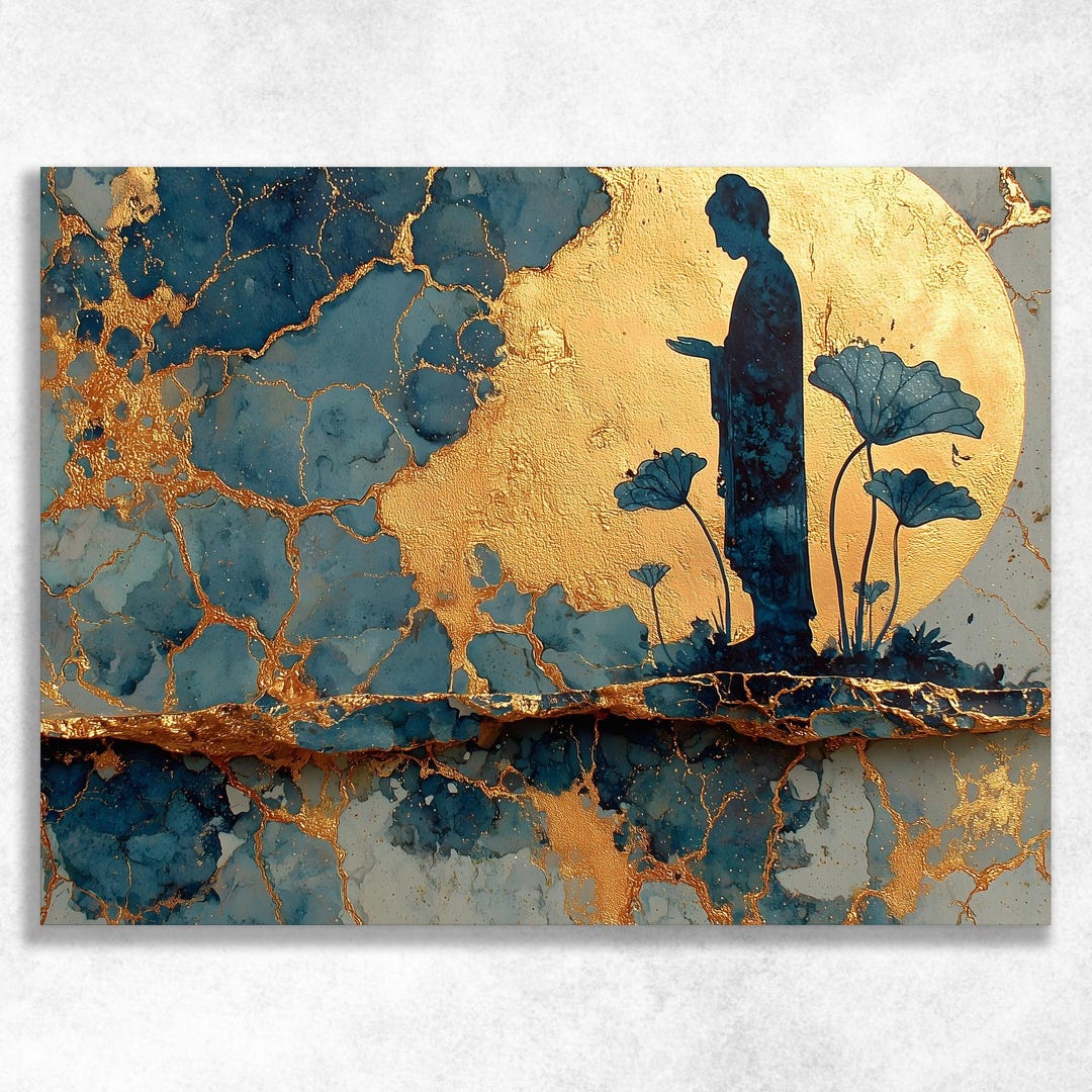 Buddha Lotus Canvas Wall Art - Gold Blue Zen Spiritual Painting Print ...