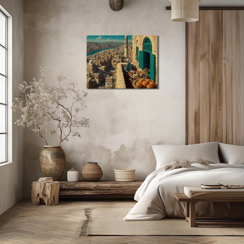 Yemen travel poster style canvas with historic streets, minaret, and distant mountains.
