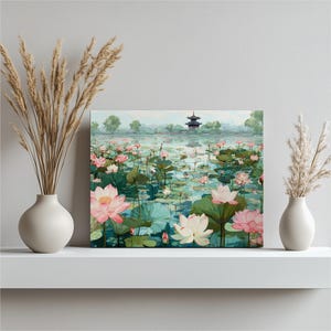 Serene Lotus Pond Canvas Wall Art – Pink Water Lily Botanical Print with Pagoda Landscape and Water Reflection Zen Watercolor Decor