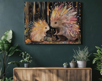 Arte con púas de puercoespín, puercoespines, animales del bosque, arte mural forestal, arte animal caprichoso, estilo bohemio, colores vibrantes, decoración natural