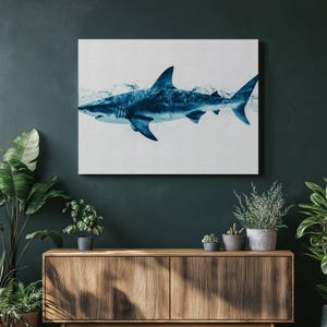 Shark Canvas Wall Art Print - Ocean Blue Painting Decor | Marine Life Wall Decor Gift for Living Room, Bedroom, Office Beach House
