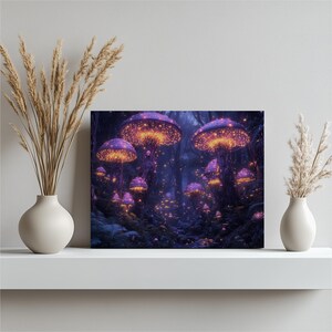 Glowing Mushrooms Wall Art Mushroom Forest Print Glow in the Dark Art Whimsical Fantasy Art Magical Canvas Decor for Home Office