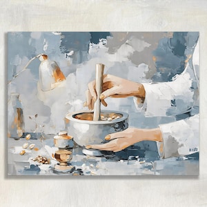 Mortar and Pestle canvas wall art - Apothecary kitchen decor pharmacist print herbal medicine painting vintage compounding illustration