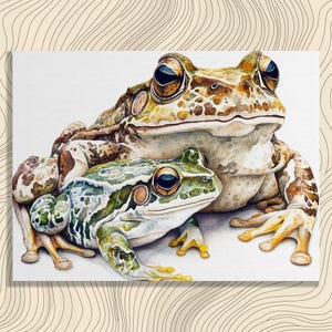 Frog Canvas Wall Art Beautiful Painting of Frogs Baby and Mother Intricate Patterns Green Brown Yellow Black Home Decor Animal Lovers Unique