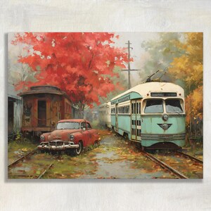 May include: A painting depicting a vintage light blue streetcar and a rusted red car parked on train tracks. A large tree with vibrant red autumn leaves stands in the background, surrounded by yellow foliage and a utility pole under a soft sky.