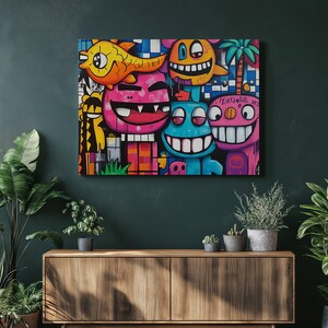 Personajes de dibujos animados, murales de grafiti, arte callejero, arte urbano, obras de arte abstractas, colores vibrantes, estilo de dibujos animados caprichoso, impresión colorida, arte de grafiti