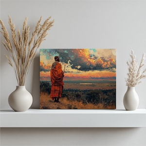 Kenya canvas wall art Maasai Mara scenes, detailed oil painting, traditional beadwork decorations, high resolution panoramic print, vibrant