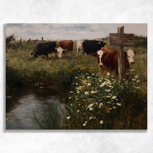 May include: An oil painting shows a rural scene with cows grazing in a verdant field. A small stream flows in the foreground, and a wooden signpost stands near the center. The cows are various colours, including black, brown, and white.