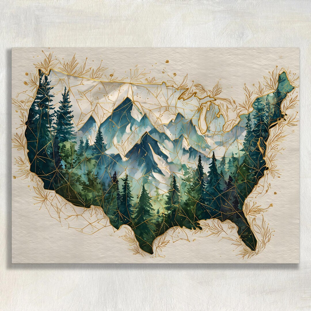 United States Map Canvas Wall Art - Watercolor Mountain Forest
