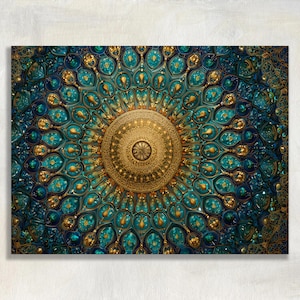 May include: A detailed, abstract artwork featuring a central gold medallion surrounded by teal and gold patterns. The design has a symmetrical, radial composition with intricate details and a textured appearance. The color palette includes shades of teal, gold, and dark blue.