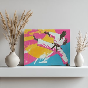 Vibrant Martial Arts Canvas Wall Art - Dynamic Karate Kick Painting for Gym, Dojo Home Decor - Fitness Gift for Action Enthusiasts