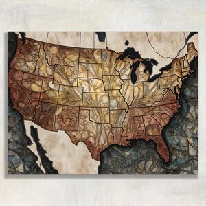May include: A decorative map of the United States with a stained-glass effect. The map features a detailed design with warm tones of brown, gold, and red, with black outlines defining the states. The surrounding areas are a mix of blue and gray.