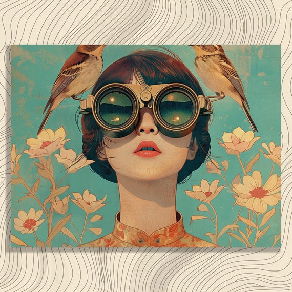 Woman Glasses Canvas Wall Art, Surreal Portrait With Binoculars