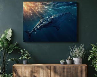 ジンベイザメのシルエットキャンバス、白黒海洋壁アート、海洋生物の