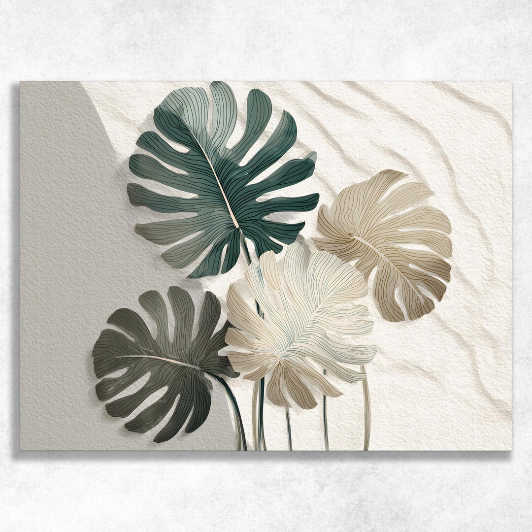 Monstera Leaves Canvas Wall Art - Tropical Botanical Minimalist Print ...