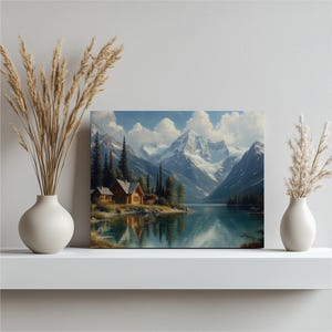 Canadian Lakeside Cabin Wall Art Canvas Print Rustic High Detail Mountain Landscape Painting Decor Gift for Nature Enthusiasts Home Decor