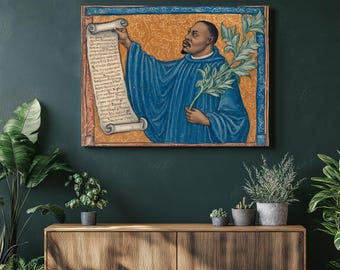 Medieval illuminated saint canvas wall art – illuminated manuscript latin script calligraphy scroll palm branch christian art print