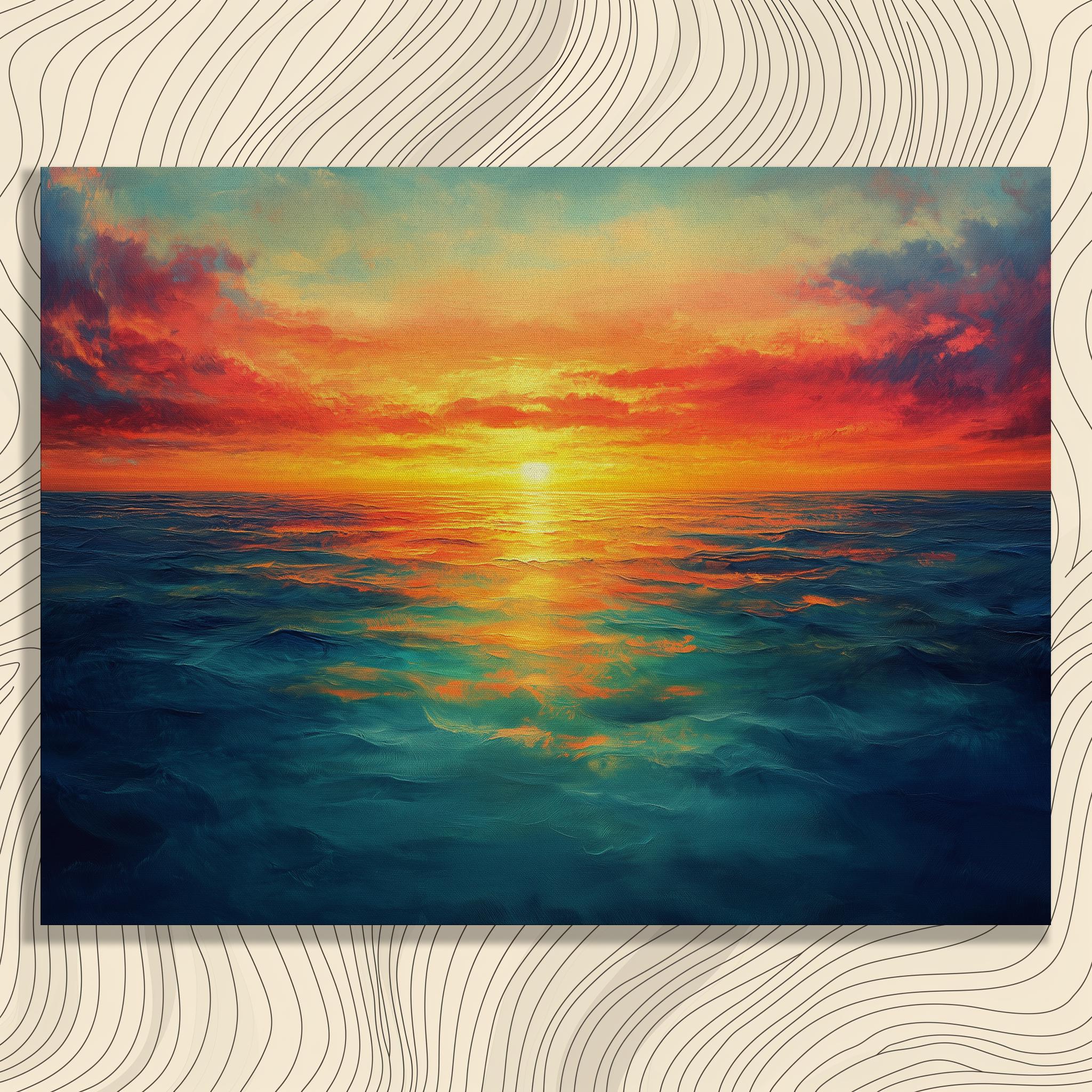 夕焼けの絵画、海のアート、水彩画の夕焼け、海岸の壁画、海景、ビーチ