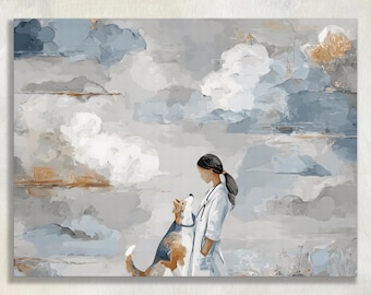 Stampa artistica su tela con stampa di quadri di veterinari e cani - Regalo per veterinari ad acquerello, decorazione per amanti dei cani, opera d'arte per clinica veterinaria, cielo blu, nuvole, pittura a pastello