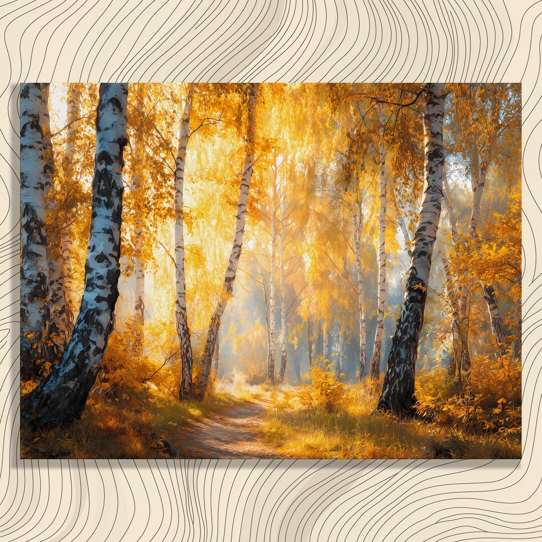 Colorful Autumn Forest Canvas Wall Art - Golden Birch Trees Path ...