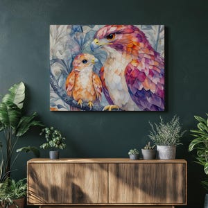 Lienzo de pájaros en acuarela vibrantes, pintura de pájaros para decoración del hogar, impresión artística de pájaros coloridos, regalo para amantes de las aves.