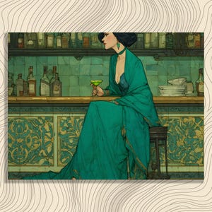 May include: An art deco-style illustration of a person in a teal green dress and accessories, seated at a bar. The person holds a green cocktail. The bar has a teal tile design and a shelf of bottles.
