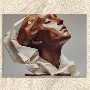 May include: A wooden sculpture of a human head and neck, looking upwards. The head is carved with geometric facets, showing the wood's natural grain. The figure is draped in a textured, folded white material, contrasting with the dark wood.