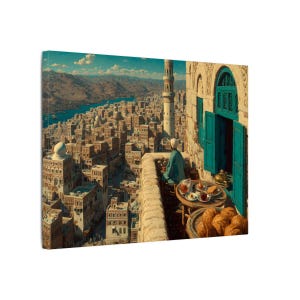 Arabian architecture canvas art for living room decor with Sanaa city towers and balcony.