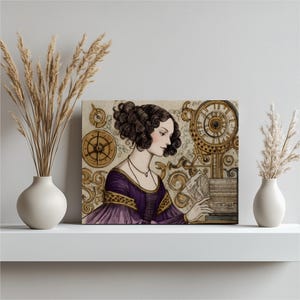 May include: A canvas print featuring a vintage illustration of a woman in a purple dress, reading a document. The artwork has a steampunk theme with clock and gear motifs in gold and brown tones. The print is displayed on a white shelf.
