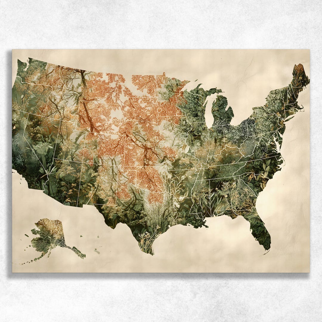 United States Canvas Wall Art Map - Botanical Floral Usa Map Print ...