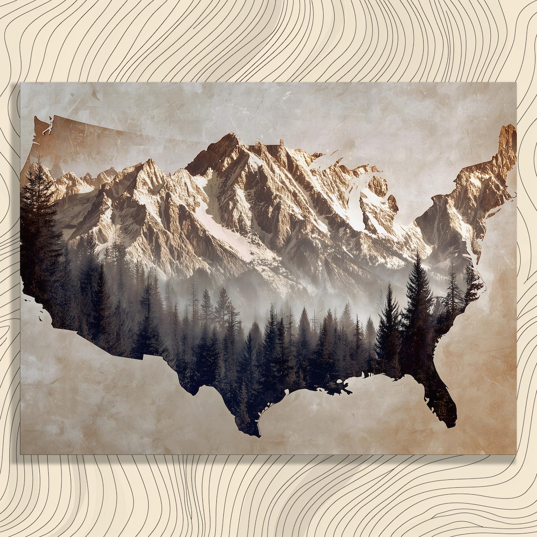 United States Map Canvas Wall Art - Vintage Mountain Forest USA Map