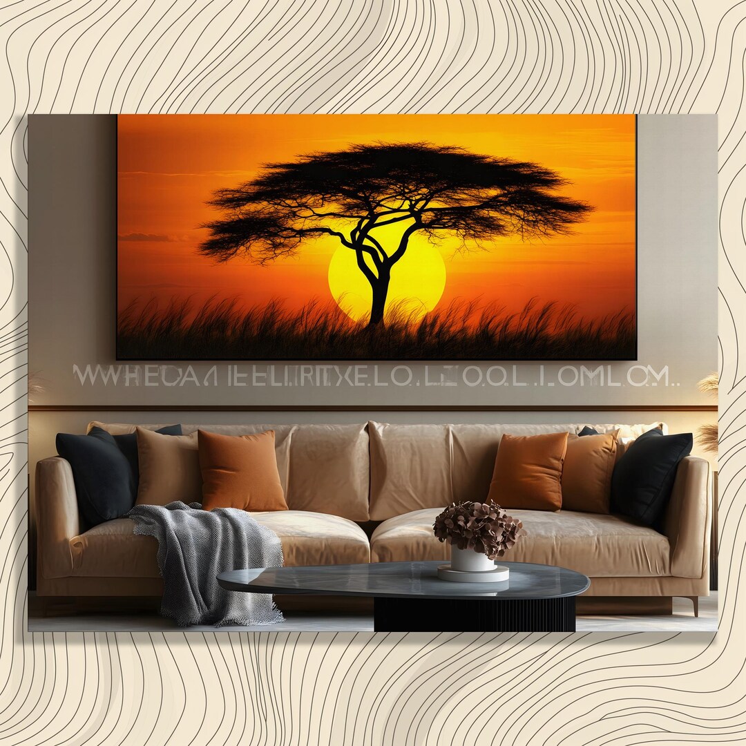 African Savanna Acacia Tree Canvas Wall Art - Sunset Silhouette ...