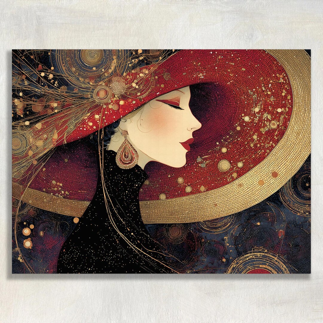 Vintage Red Hat Canvas Wall Art - Elegant 1920s Art Deco Fashion Woman ...