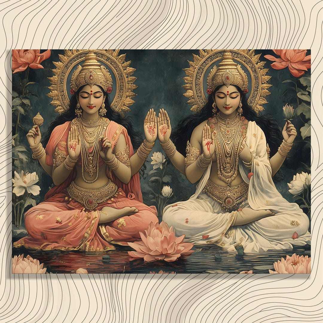 Lakshmi and Vishnu Lotus Canvas Print - Ornate Hindu Devotional Goddess ...