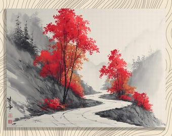 Herfstlandschap op canvas - Schilderij van een bergrivier met rode bomen - Minimalistische Aziatische penseel- en sumi-print - Japanse natuurdecoratie
