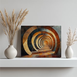May include: Abstract canvas print showing a tunnel of concentric arches in orange, brown, and blue hues. The artwork is displayed on a white shelf, with two white vases holding dried ornamental grass on either side.