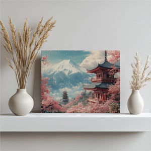 High Quality Canvas Wall Art Print Japanese Cherry Blossom Painting Decor Mount Fuji Pagoda Spring Gift for Art Lovers Home Decor