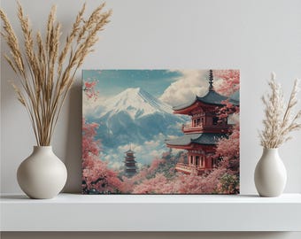 High Quality Canvas Wall Art Print Japanese Cherry Blossom Painting Decor Mount Fuji Pagoda Spring Gift for Art Lovers Home Decor