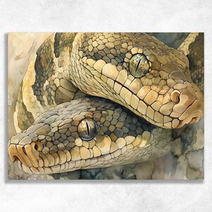 May include: A watercolor painting featuring two snakes with overlapping heads. The snakes have detailed, textured scales in shades of tan, beige, and dark gray. Each snake has a prominent, almond-shaped eye with a vertical pupil and a distinct snout.