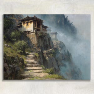May include: An oil painting depicting a multi-story building with a dark tiled roof perched on a rocky cliffside. A stone staircase leads up the mountain path toward the structure, surrounded by green vegetation and thick, swirling blue mist.