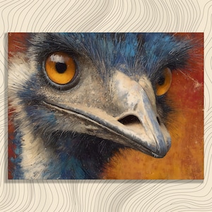May include: Close-up of an emu's face, showcasing detailed brushstrokes. The bird's eye is a striking orange, contrasting with the blue and gray feathers. The background transitions from orange to red, creating a vibrant artwork.