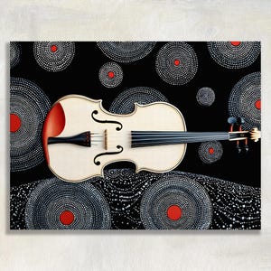 May include: A cream-colored violin with a red accent on the top left, set against a black background adorned with white and red circular patterns. The violin's strings and details are visible.