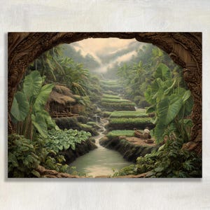 May include: A digital art print of a lush, tropical landscape. The artwork depicts a river flowing through terraced fields, surrounded by dense green foliage and a small hut. The scene is framed by a carved wooden archway.