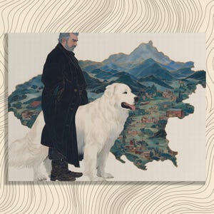 May include: An artistic print featuring a man in a black coat standing next to a large white dog. The background depicts a landscape with mountains and a map-like outline. The artwork has a vintage aesthetic.
