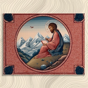 Byzantine Jesus Icon Canvas Wall Art – Christian religious icon painting vintage red blue border mountain landscape spiritual gift print