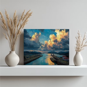 May include: A canvas print of a landscape painting depicting a waterway with a bridge and buildings. The sky is filled with dramatic clouds in shades of blue, orange, and yellow. The artwork is displayed on a white shelf with decorative vases.