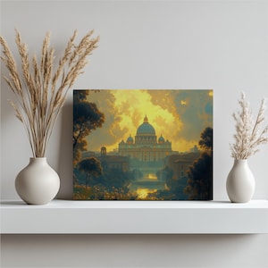 Art mural sur toile de la Cité du Vatican, superbe décor inspiré de la basilique Saint-Pierre, élégants jardins du Vatican, scène spirituelle vibrante, parfait