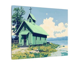 絵画 年代物 ヴィンテージグリーンチャペルキャンバスウォールアート - 岩山と