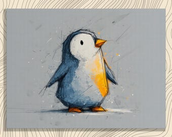 Cute Penguin Canvas Wall Art – Minimal Blue Penguin Illustration for Animal Lovers